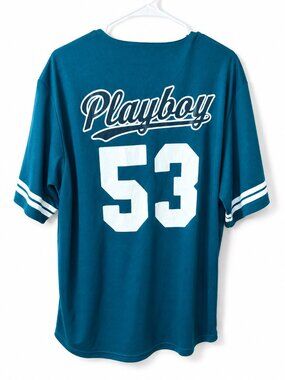 Playboy Men's Green Button Up Baseball Jersey‎ Short Sleeve Bunny Size Large
